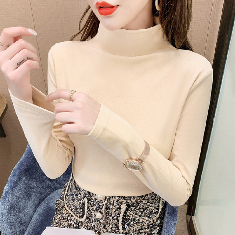 Autumn and winter stylish plus-size women's wear, German velvet semi-high-neck base layer, women's wear with T-shirt, fitted solid color long-sleeved top details Picture