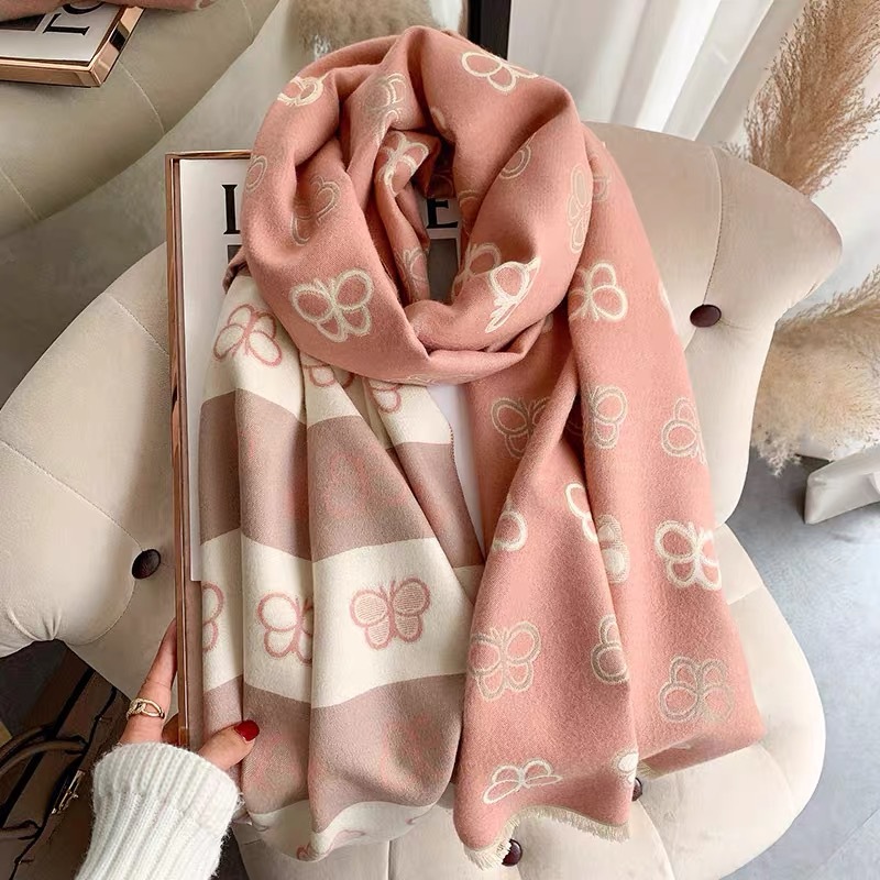 Korean Version Of Sweet Pink Butterfly Imitation Cashmere Scarf For Women Autumn Winter College Style Double Sided Thick Warm Air Conditioning Shawl details Picture