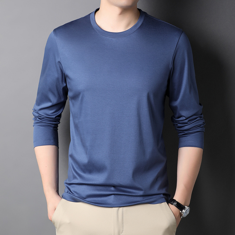 Liquid ammonia no-iron double-sided mercerized pure cotton casual round-neck long-sleeved T-shirt, a slim solid color base layer for spring and autumn