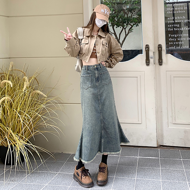 2024 Spring Denim Skirt Thin Cover Hip Bag Hip Skirt Autumn New Female High Waist Temperament All Match Fishtail Skirt Specification drawing