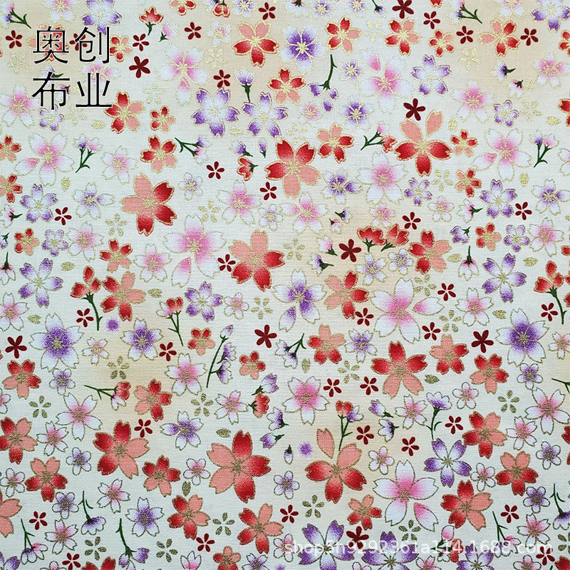 Japanese-style, simple cherry blossom floral fabric, cotton gold-embossed printed clothing, bags, home textiles DIY fabric, gold powder fabric Specification image