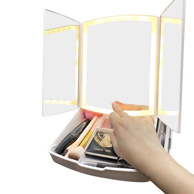A new multi-functional multi-functional dormitory touch beauty mirror with cross-border three-door storage and folding led light Specification image