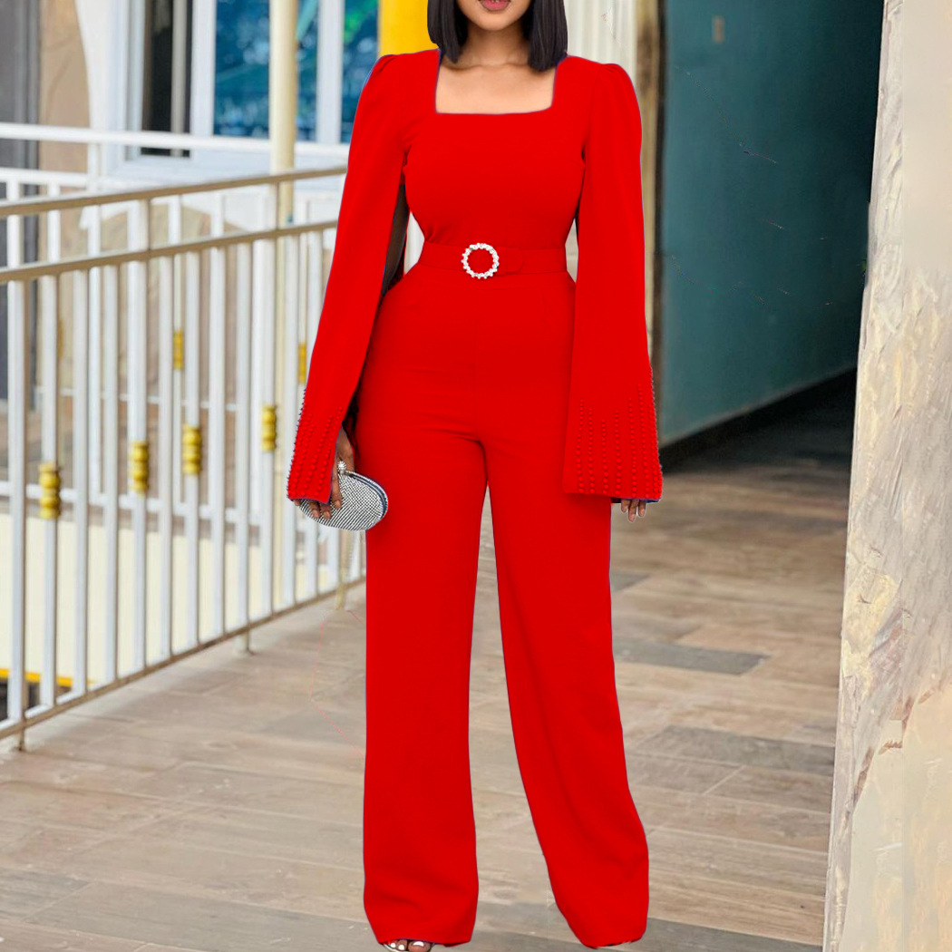 D244 comes with a belt and stands out at the 2022 autumn new collection of large-sized solid color wide-leg beaded cape European and American jumpsuits for foreign trade Specification image
