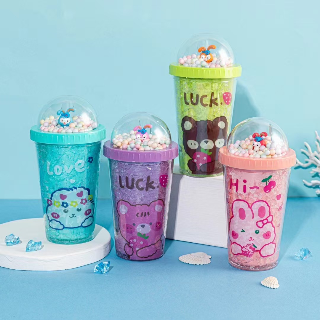 萌熊卡通塑料水杯双层杯亮片碎冰杯跨境新款塑料吸管冰杯厂家