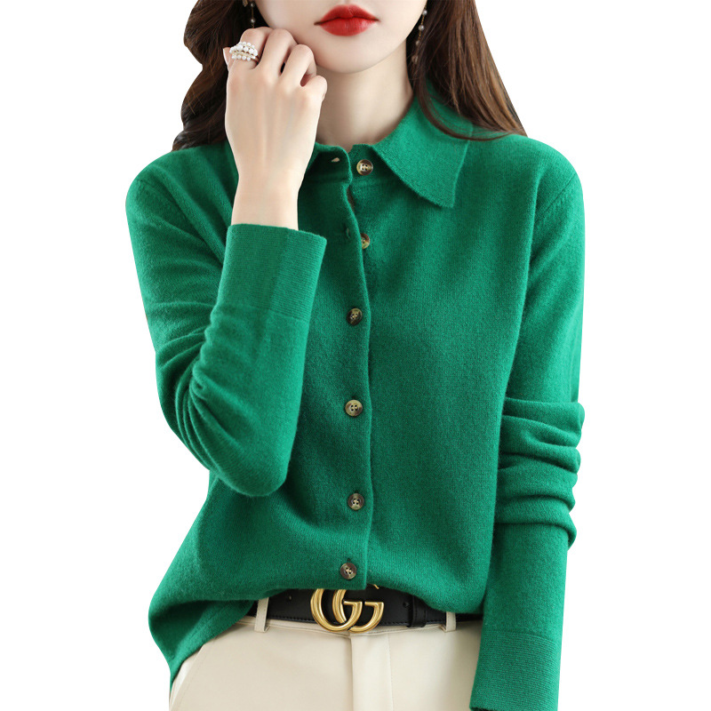 Autumn and winter POLO collar shirt for women, paired with loose long-sleeved sweater and non-cashmere lapel knitted cardigan jacket Item Picture
