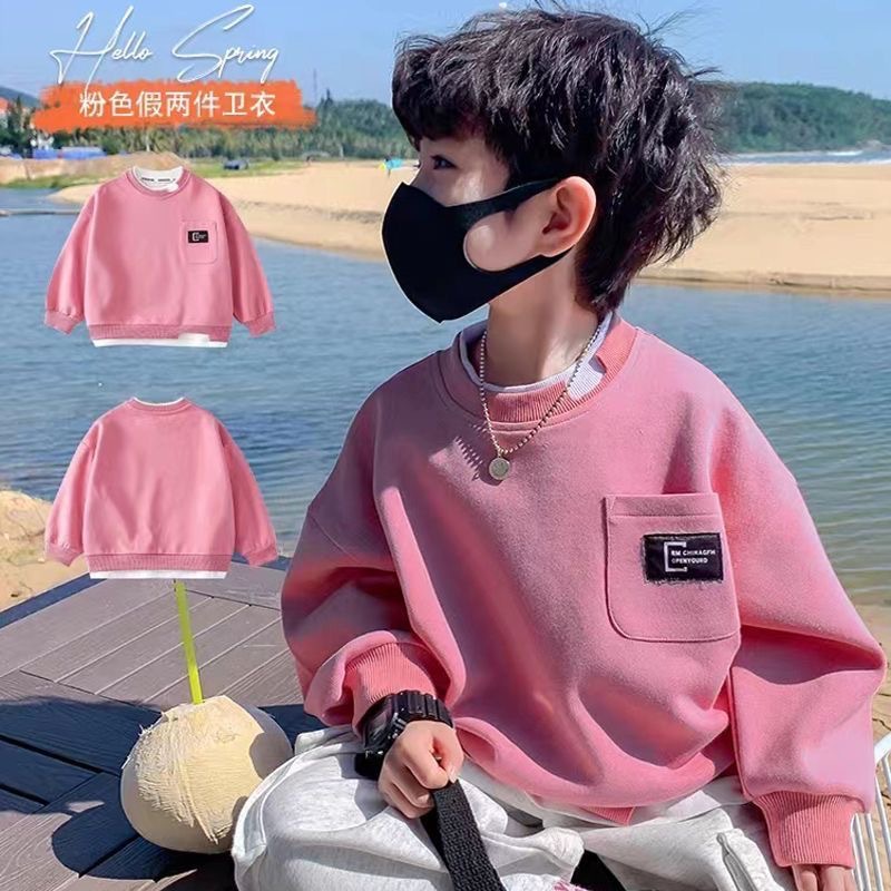男童卫衣春秋款2025新款儿童长袖T恤假两件衣服帅气韩系潮牌上衣