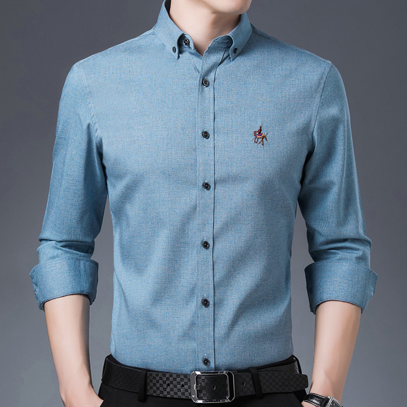 新款长袖衬衫男士修身商务休闲免烫正装垂感竹纤维蓝色职业衬衣潮图