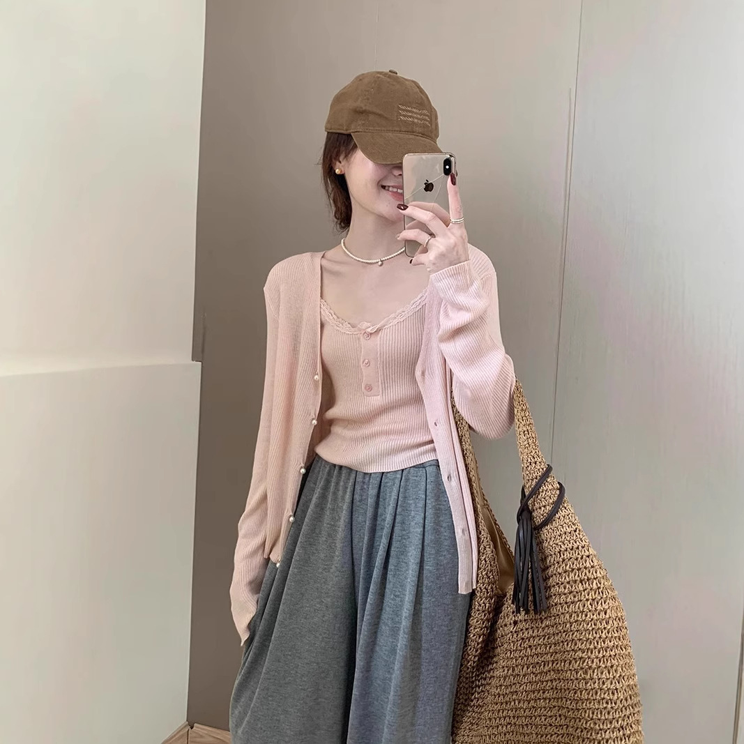 Lace halter two-piece fine wool top spring new sweet and elegant simple style knitted sweater women's set details Picture