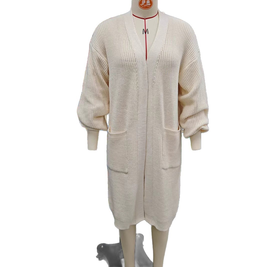 2025 Fashion Women's wear solid-color pocket decorated cardigan, long knitted sweater, coat, autumn and winter cross-border Korean style, lazy Item Picture