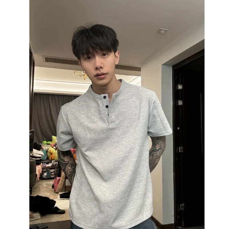 American Henry collar short-sleeved men's summer slim-fit light gray off-the-shoulder T-shirt c base layer Specification image
