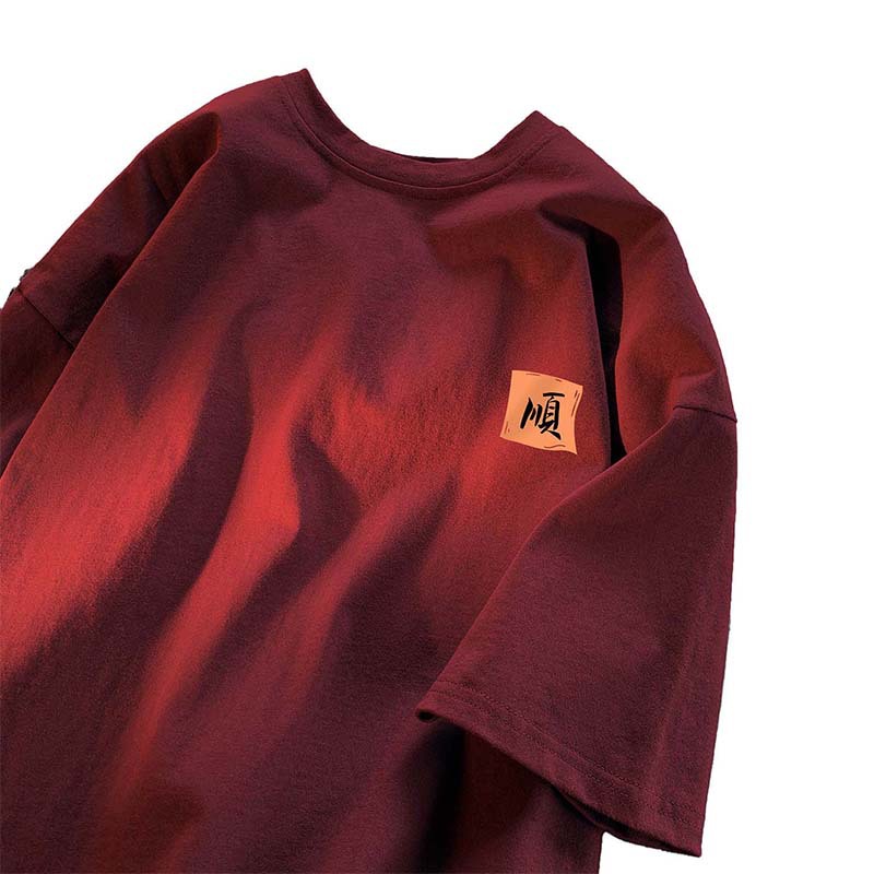 Chinese-style short-sleeved men's T-shirt, summer national trend loose, versatile for couples, wine red round-neck half-sleeved men's top Item Picture