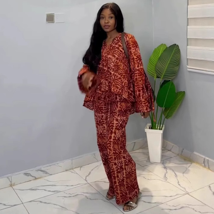 European and American large-sized long-sleeved, lace-up and printed shirt, high-waisted wide-leg long pants, African women's casual and fashionable two-piece set for women details Picture