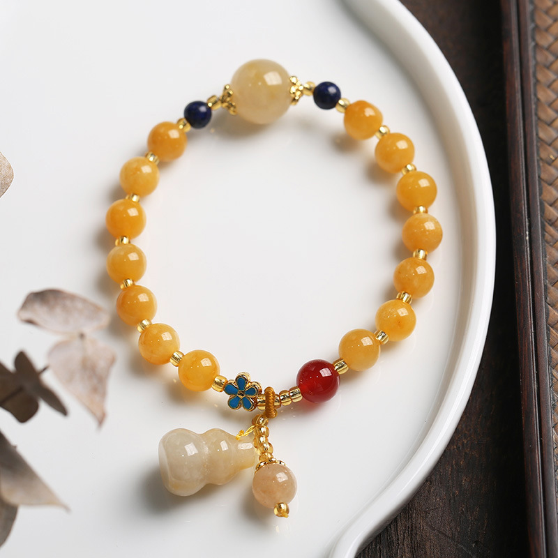 Qiu's Natural Xinjiang Golden Thread Jade Yellow Bracelet, best friend gift, small gourd tassel women's round bead jade bracelet Item Picture