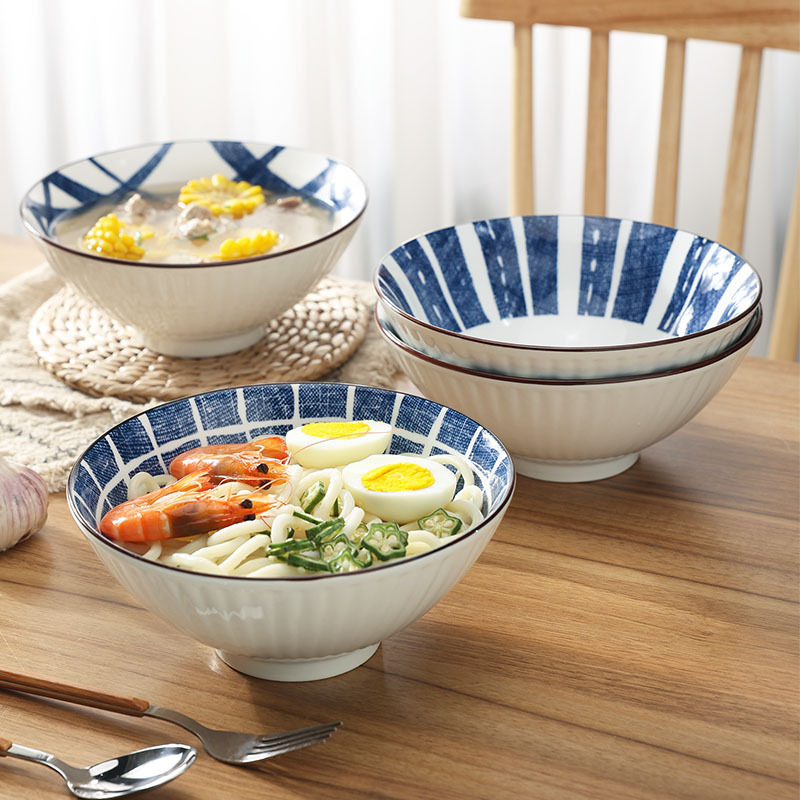 The Japanese-style denim series ceramic material instant noodle bowls and wind bamboo hat bowls with high-temperature underglaze painting are available for wholesale Item Picture