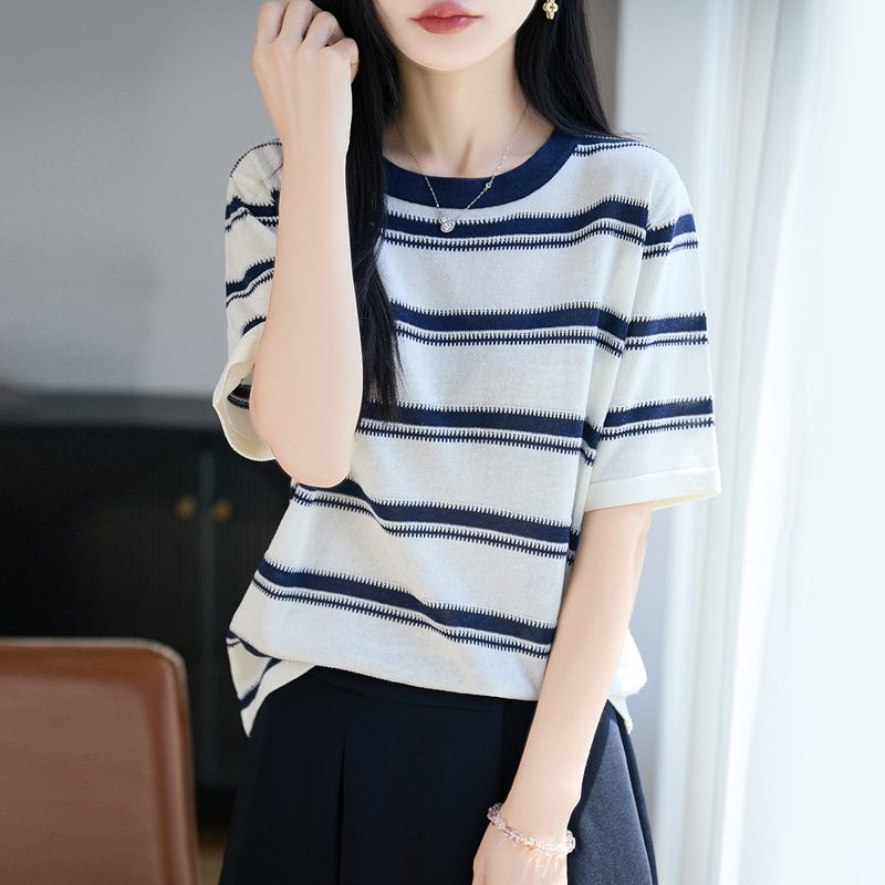 2026年春夏新款天丝亚麻圆领针织衫短袖女拼色条纹宽松打底衫T恤