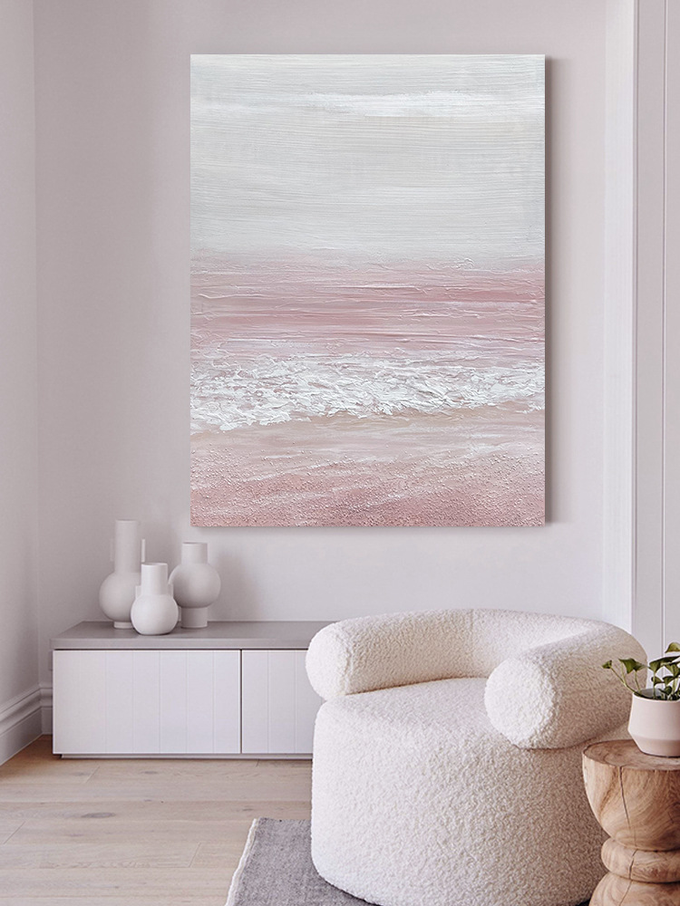 QJHY's thick-textured hand-painted "Pink Beach" oil painting for the entrance hall, living room decoration, and abstract bedroom wall hanging details Picture