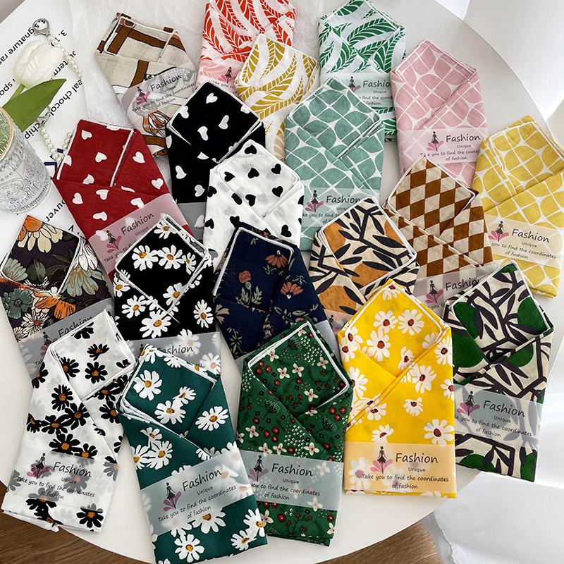 Cotton And Linen Small Square Scarf Women Spring And Summer New Korean Version Of Small Fresh Floral Temperament Neck Scarf Headband Scarf details Picture