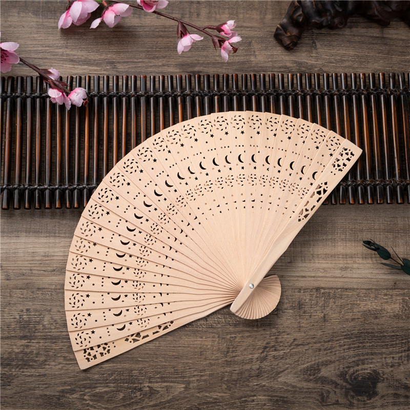 星星月亮冲花木扇 中国特色礼品扇 仿檀木扇 折扇 全冲木扇