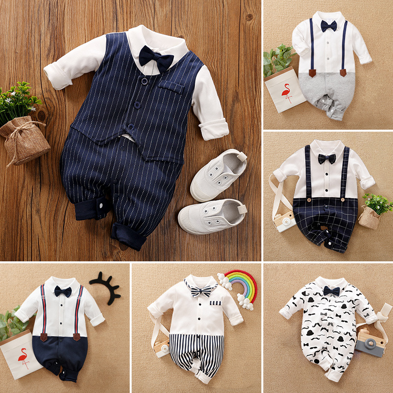 婴儿衣服秋冬季连体衣跨境新生儿哈衣绅士服装宝宝周岁棉礼服童装