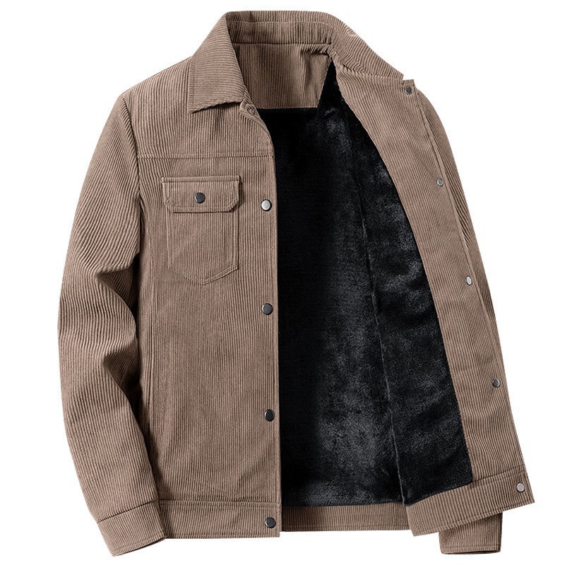 Men's corduroy jacket with added fleece and thickening for autumn and winter, men's administrative cadre coat, business casual lapel top Item Picture