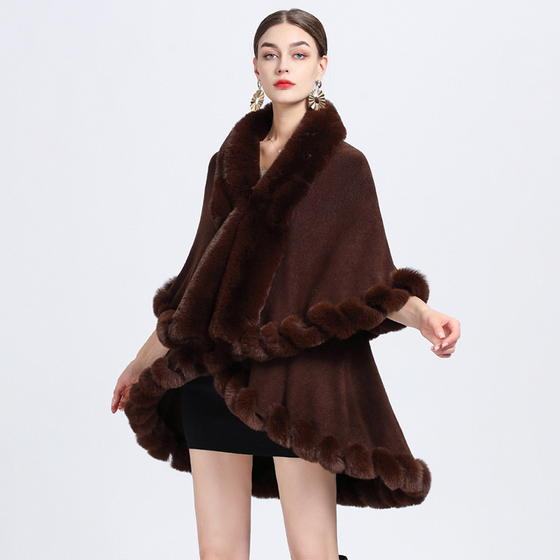 807# Europe And The United States New Autumn-Winter Imitation Rex Rabbit Fur Collar Cape Lady Large-Size Knitted Cardigan Loose Coat Woman Application Scenario