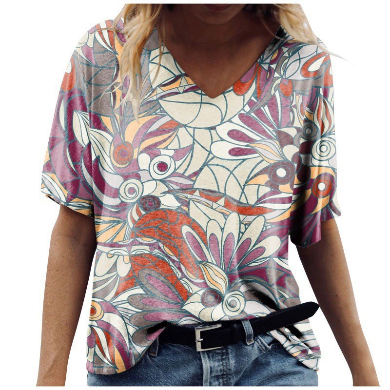 New Amazon T-shirt cross-border manufacturer supply, loose cross-border 3DV collar short-sleeved T-shirt for women with printed MJ from Europe and America Specification image