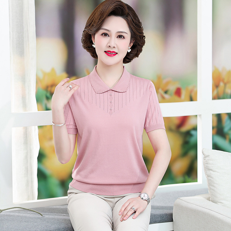 妈妈夏装针织短袖T恤衫中年妇女纯色上衣中老年人洋气翻领打底衫