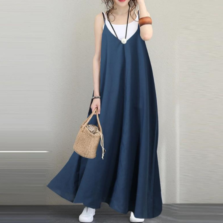 Four-color casual loose solid dress for women, V-neck backless sexy long dress, sleeveless women's party dress Specification image