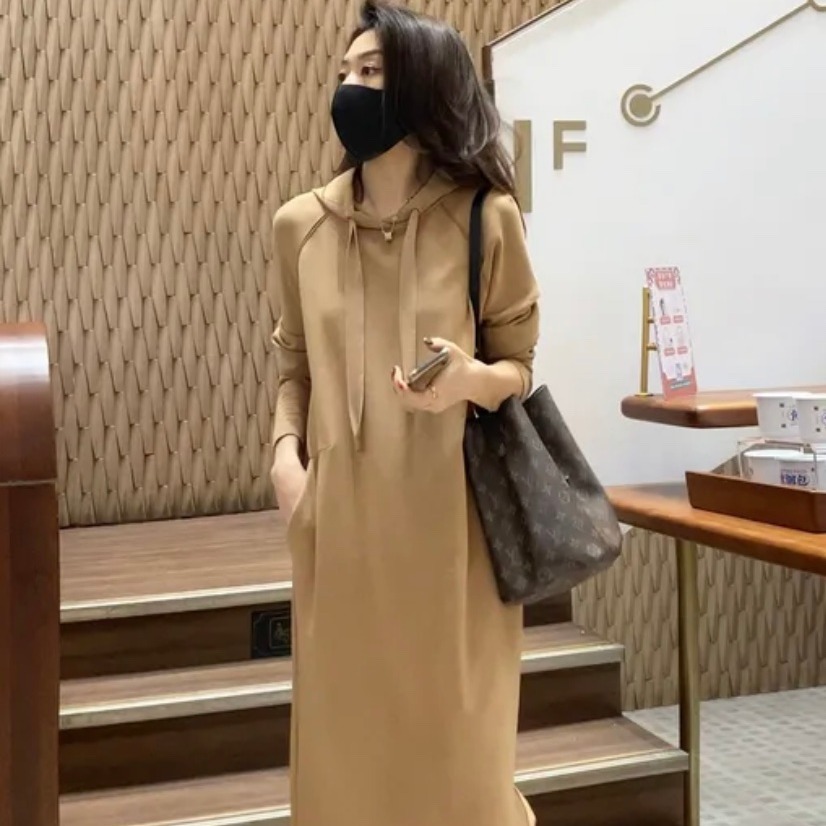 European high-end style hooded mid-length knee-length sweatshirt dress 2021 autumn loose casual dress for women
