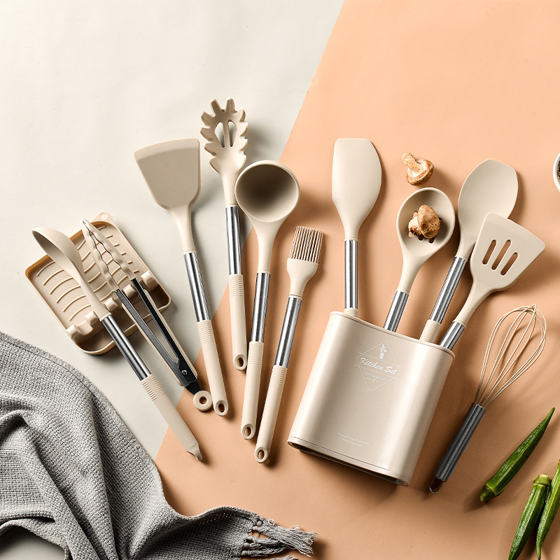 New cross-border stainless steel tube handle silicone kitchenware 13-piece set, non-stick cooking pan spatula and spoon kitchen tool set