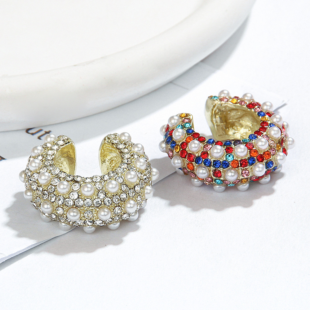 European and American colorful diamond-encrusted ear clips without ear holes, metal rainbow C-shaped ethnic style ear bone clips, retro pearl earrings for women details Picture