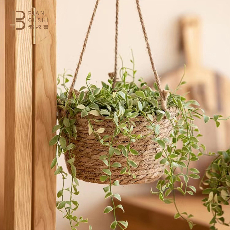 Cross-Border Hot Selling Garden Wind Straw Hanging Basket Flower Basket Hand-Woven Hanging Basin Creative Home Pot Pot Set