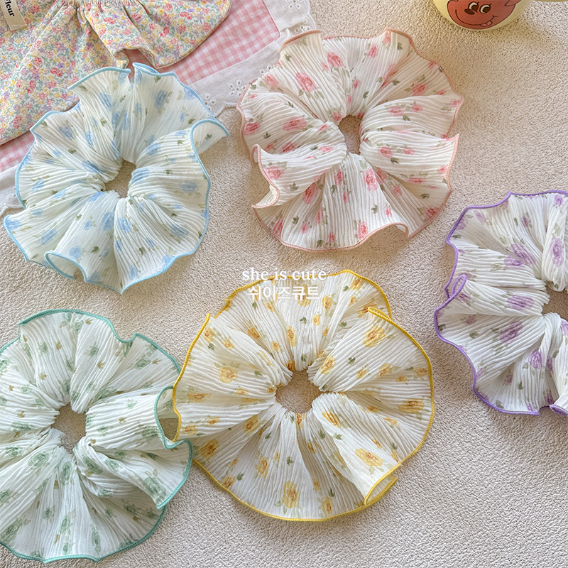 Sweet and fresh floral large intestine hair band, Korean-style elegant ponytail hair tie, girls' high school elastic bun hair tie headwear