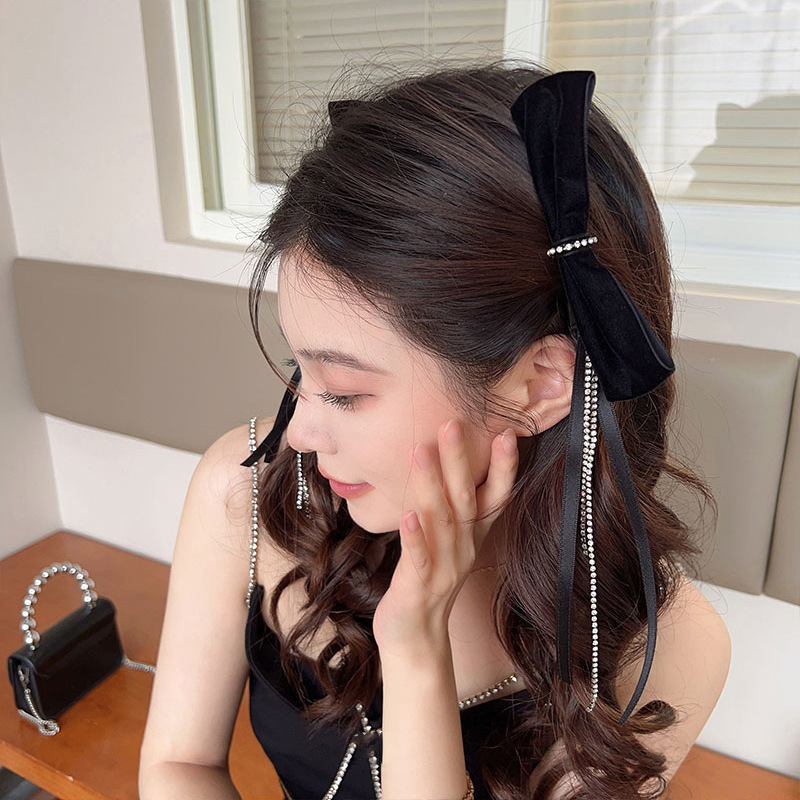 French-style bow ribbon diamond-encrusted tassel hair clip, a niche, light luxury and high-end look, side duckbill hair clip for women Specification image