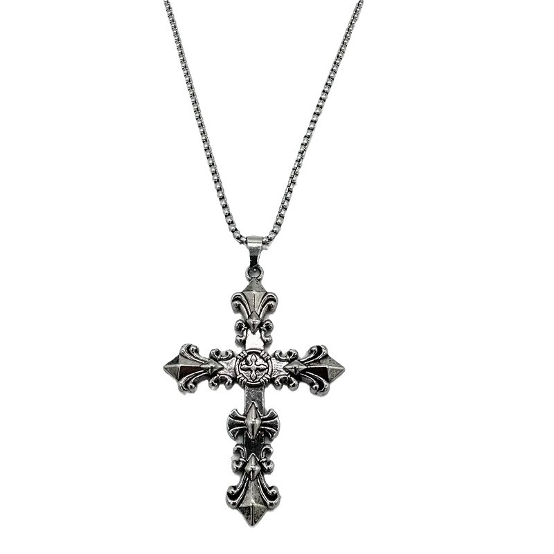 Factory wholesale and direct sales of new retro European and American cross flower pendant, cross men's personalized titanium steel necklace Item Picture