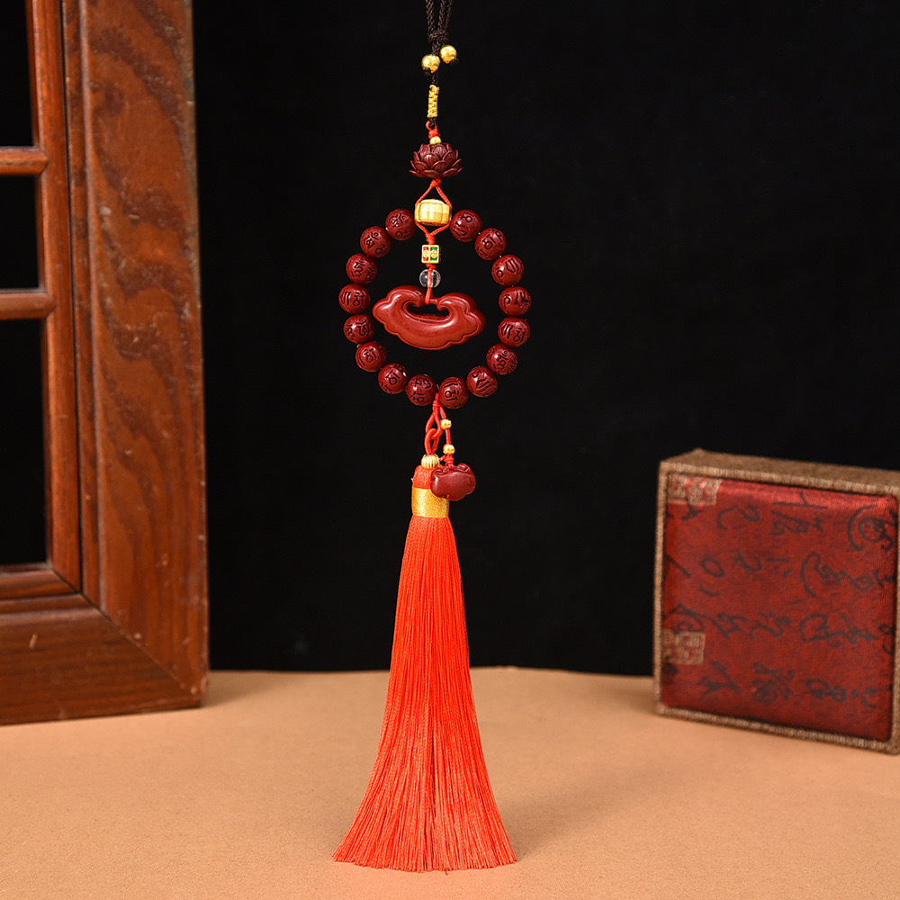 New six-character true words bead ring tassel car pendant, cinnabar lotus, little deer car rearview mirror interior hanging accessory, national trend Specification image