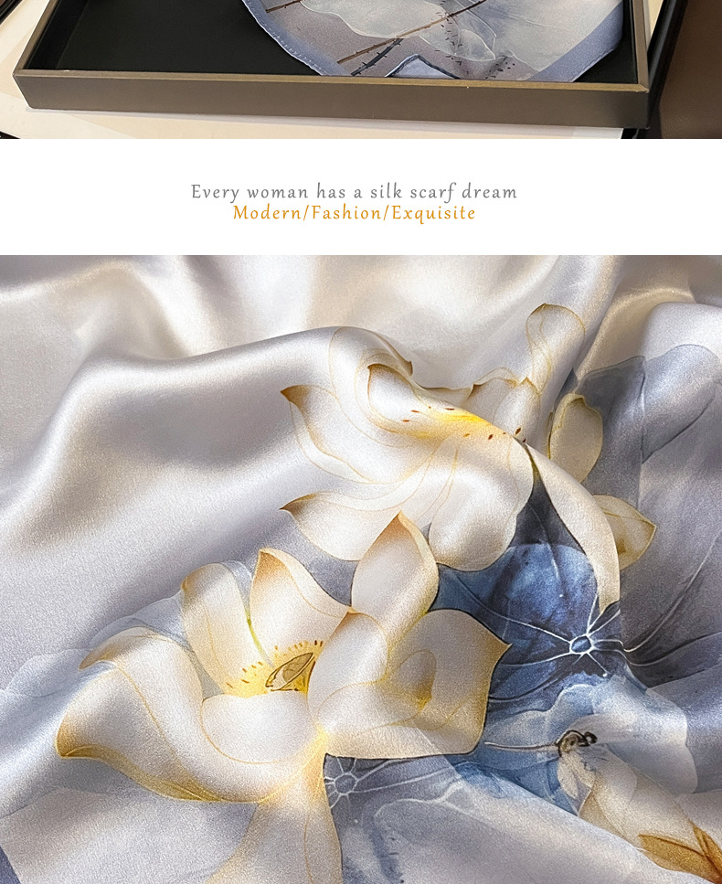 2024新款淡雅荷花桑蚕丝丝巾女真丝围巾杭州丝绸70方巾送妈妈长辈详情13