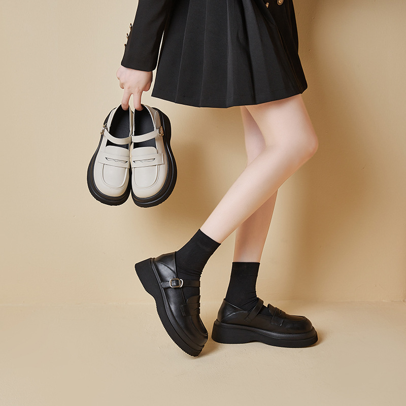 Leather loafers women two wear thick soles 2023 spring new Japanese round head small leather shoes female students all match single shoes details Picture