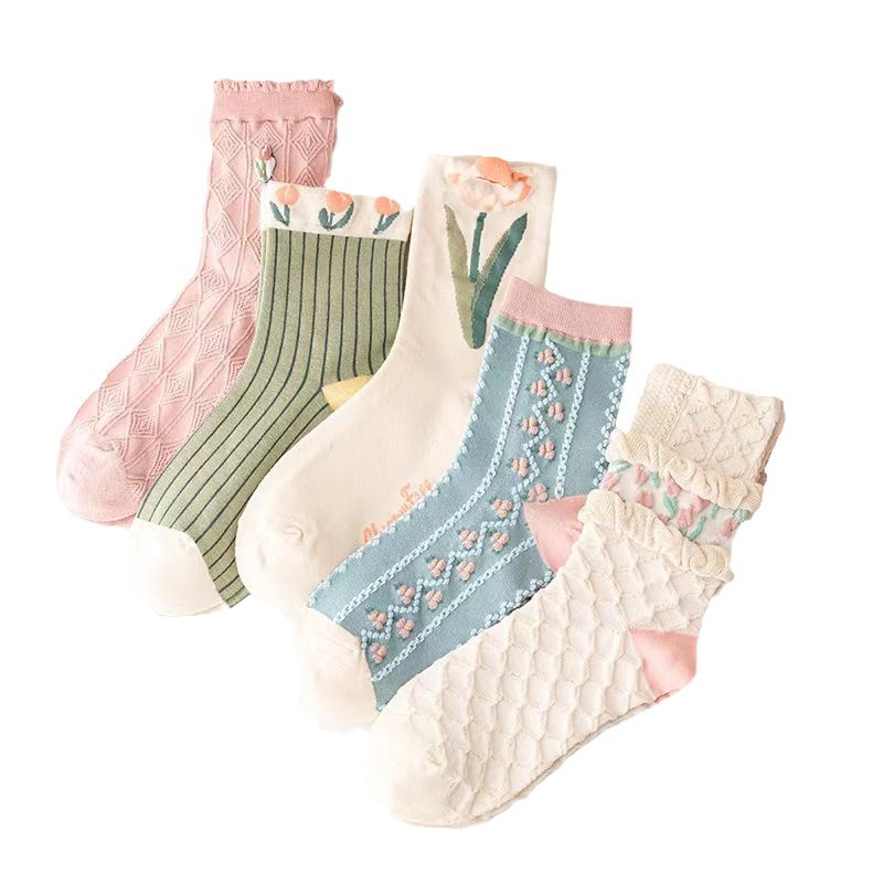Sock stall, one-piece consignment, three-dimensional tulip socks, women's forest-style mid-calf socks, autumn new style, sweet flowers, trendy pile socks, one-piece consignment Item Picture