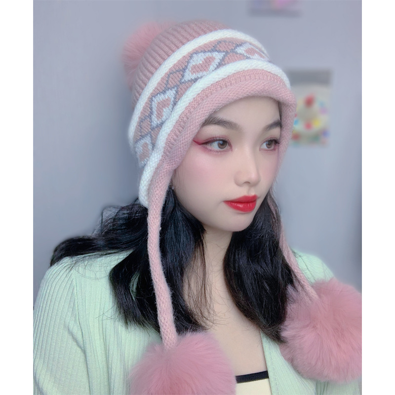 Autumn And Winter New Warm Knit Hat Women With Bib Hairball Cycling Windproof Korean Jacquard Striped Woolen Hat In Stock Specification drawing