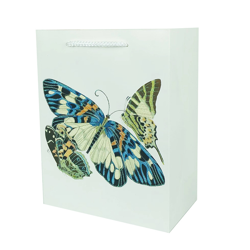 Best Packaging Stock 210G White Cardboard Glitter Butterfly Vertical Bag Tote Bag Gift Bag Shopping Bag Cross-Border Paper Bags Application Scenario