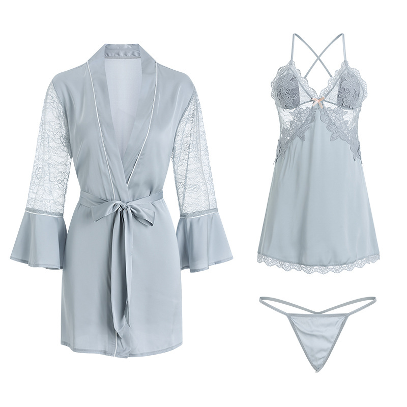 2023 New Rose Brand Autumn Satin Breast Cushion Slip Nightdress Women's Deep V Lace-Up Nightgown Suite 1170 Item Picture