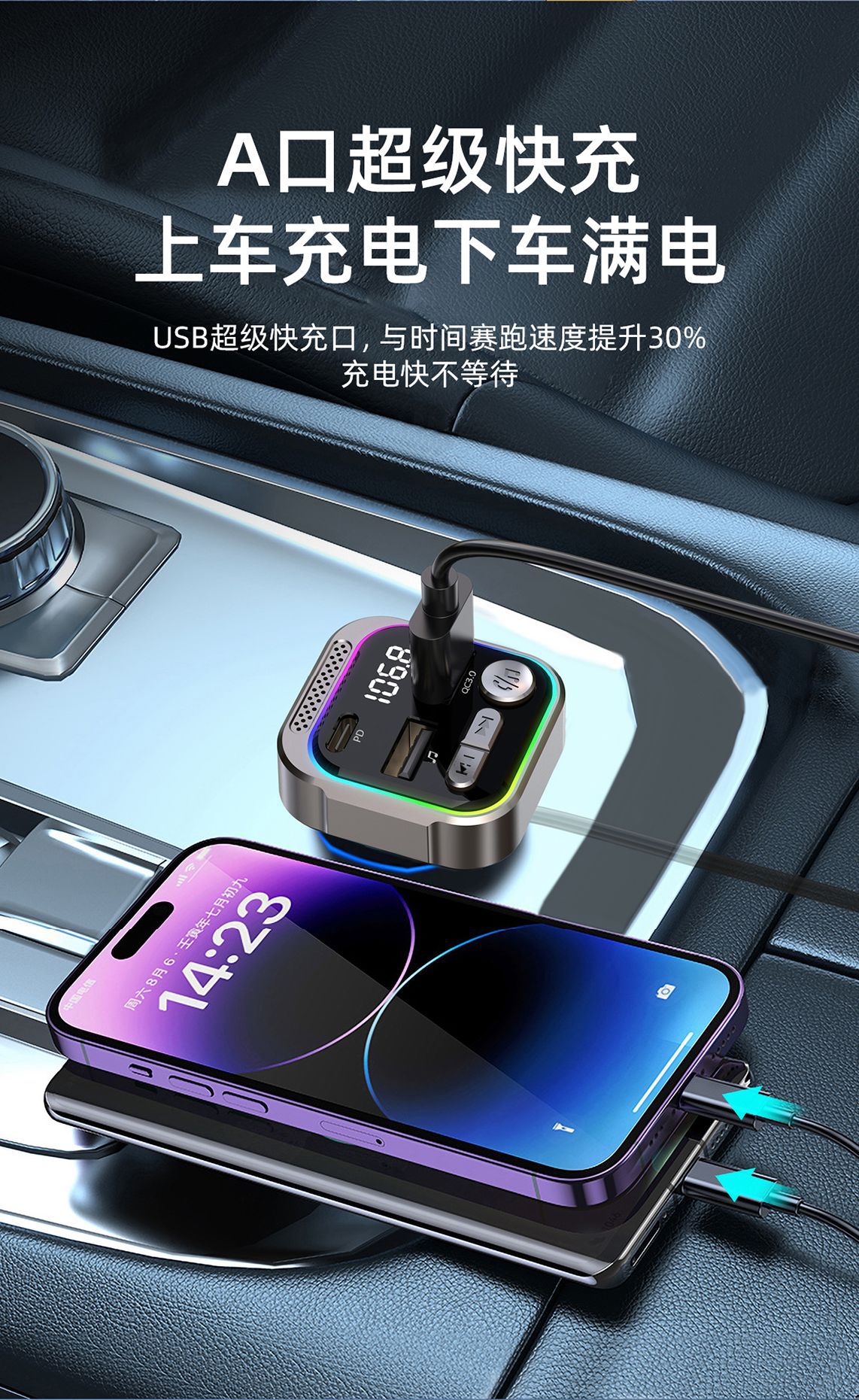 跨境新款车载mp3蓝牙播放器铝镁合金fm发射器PD30W快充车载充电器详情5