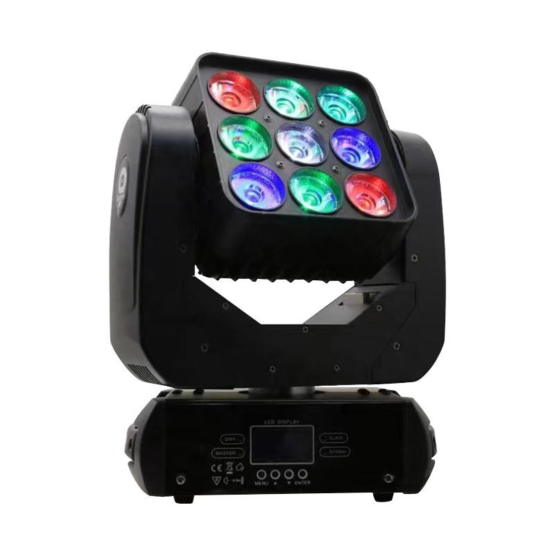 Cross-border nine-head rotating matrix light, full-color beam light, LED four-in-one dyed light, wedding disco, bar, shopping mall stage performance lighting equipment, atmosphere dynamic, colorful rotating high-brightness light beam effect light Specification drawing