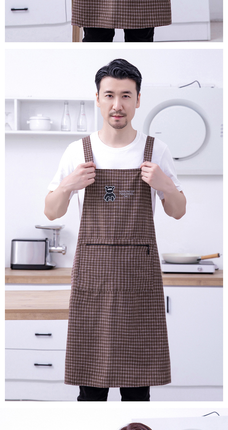 Extended and plump apron, waterproof and oil-proof cotton cartoon bear, stain-resistant checkered kitchen, home and dining room apron work clothes pic 20