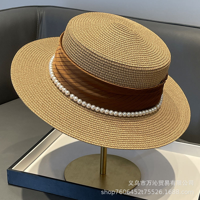 French Socialite Style Flat Top Hat 2023 New Summer Elegant Pearl Grass Braid Beach Sun Protection Hat Children Specification drawing