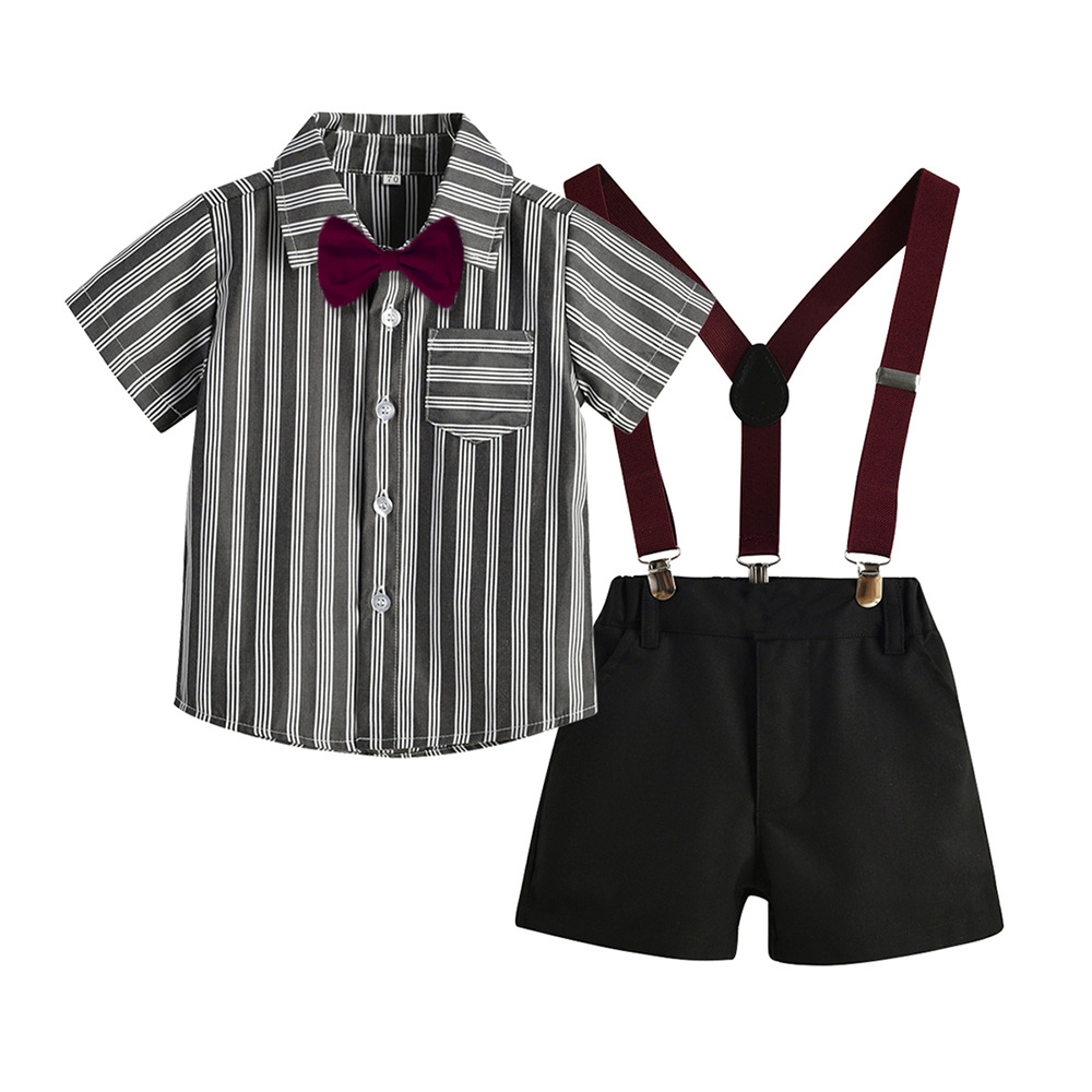 A two-piece set of Korean style trendy children's clothing for boys in summer 2025, featuring a lapel, short-sleeved cotton striped cardigan, a gentleman's shoulder strap and shorts Specification image
