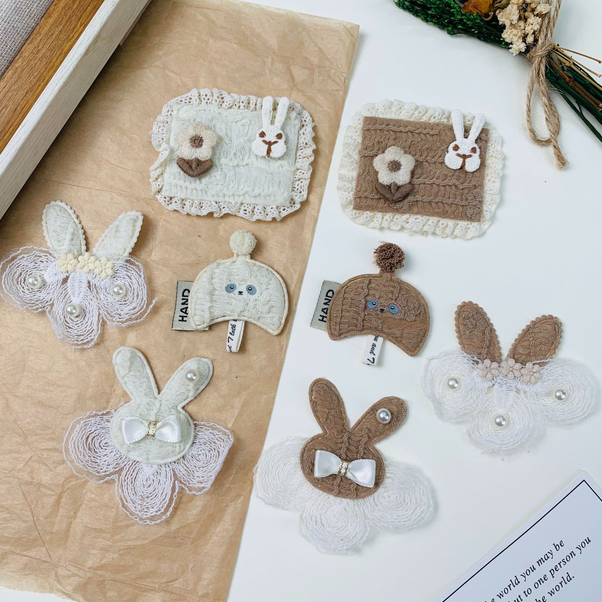 Creative knitted lace fabric stickers, pearl rabbit fur woolen hats, DIY handcrafted accessories, hair ornaments, brooches, accessory stickers