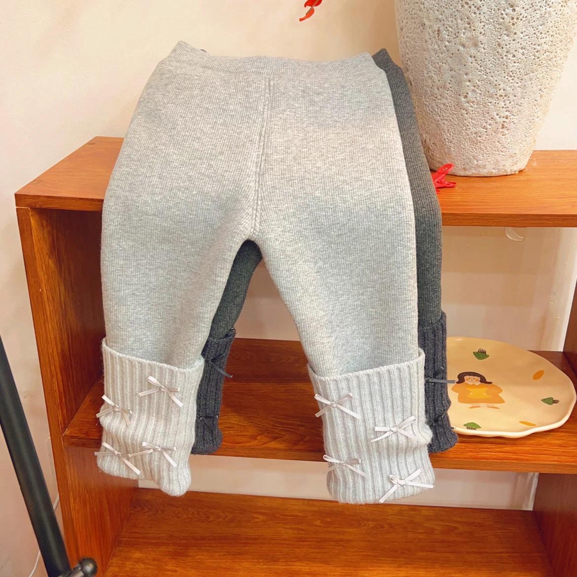 韩国童装女童冬季加绒加厚裤子2025儿童甜美蝴蝶堆堆袜保暖打底裤