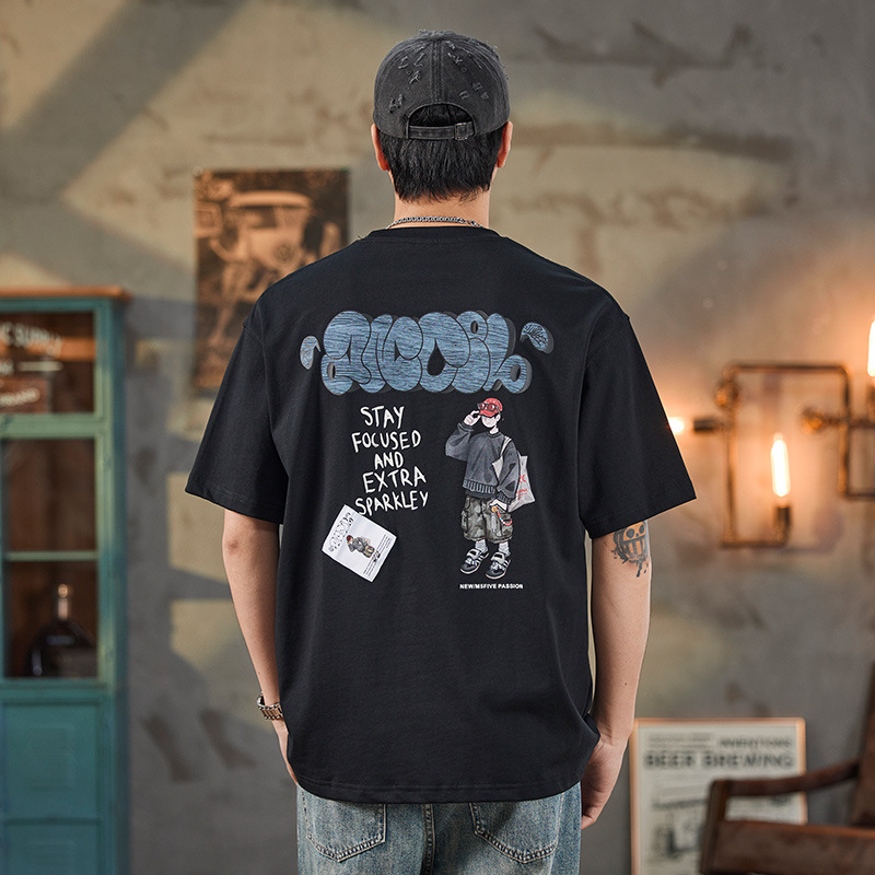 ALLIN 重磅黑色落肩短袖t恤男夏季后背卡通印花半袖美式宽松上衣